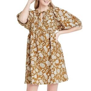 Universal Thread Floral Puff Sleeve Mustard Brown Cotton Mini Dress Size XL